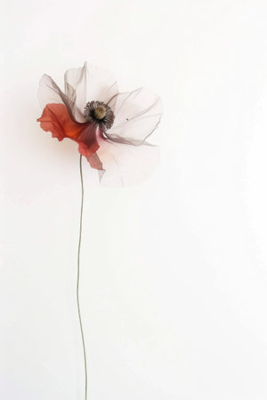 A single red and white flower on a stem, barely there florals on white background.の素材