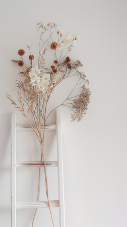 A white ladder with a bunch of dried flowers in it, barely there florals on white background.の素材