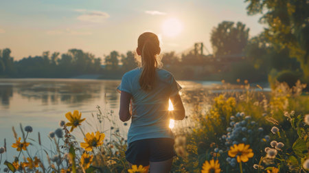 Woman Jogging by Lake at Sunsetの素材