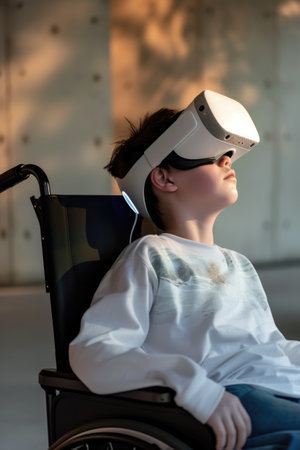 A boy in a wheel chair wearing a vr headsetの素材