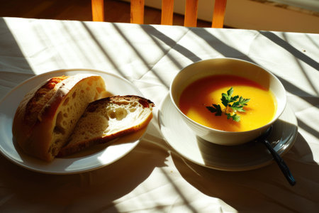 Bowl of Soup and Plate of Bread on Tableの素材