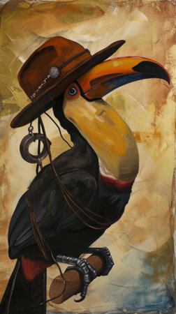 A painting of a bird wearing a hat, surreal illustration with steampunk and wild west elements.の素材