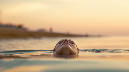 A woman floating in the water with her head above the water, relaxed person swimming in the ocean at sunset.の素材