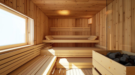 A wooden sauna room with a lot of woodの素材