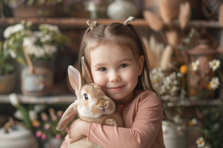 Little Girl Holding Rabbit in Her Armsの素材