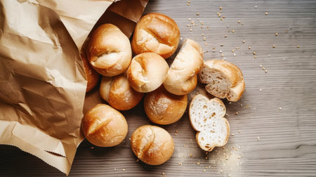 Bag of Bread on Wooden Tableの素材