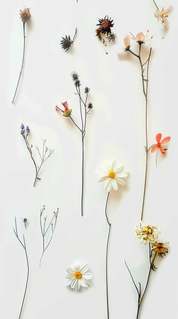 A bunch of different types of flowers on a white surface, barely there florals on white background.の素材