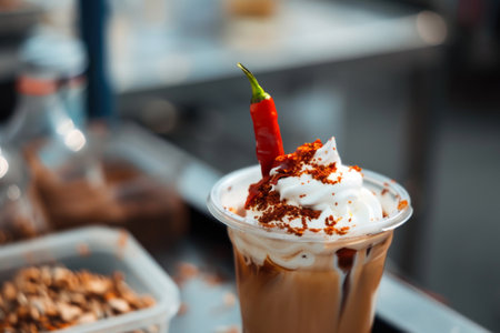 Cold brew coffee topped with dollop of whipped cream, chili flakes and a single red chiliの素材