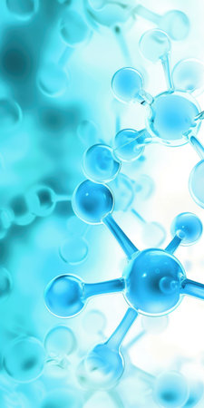 A close up of a bunch of blue balls, blue and white abstract chemical background.の素材