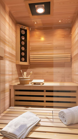 A wooden sauna with towels and a bowlの素材