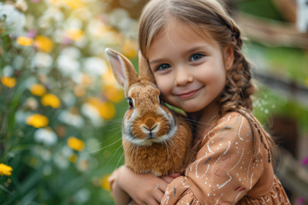 Little Girl Holding Rabbit in Her Armsの素材