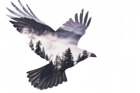 A bird flying through the air with trees in the background, double exposure of flying raven with forest on mountainsの素材