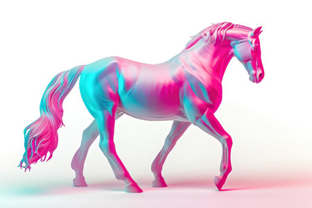 On a white surface, a poised horse in delightful shades of pink and blue.の素材