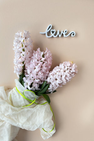 Spring composition with pink hyacinth in linen towel and wooden word love on yellow paper background.の写真素材
