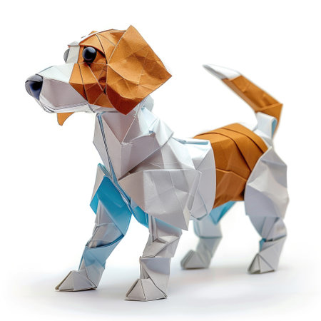 A dog made out of origami paper on a white surfaceの素材