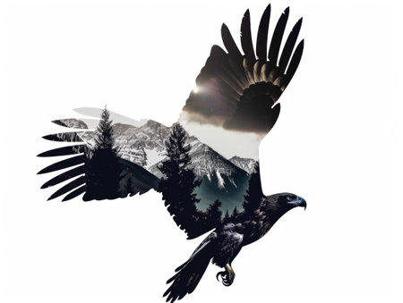 A large bird flying through the air with trees in the background, double exposure of flying eagle with forest on mountains on white background.の素材