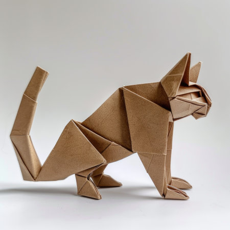 A cat made out of brown paper on a white surfaceの素材