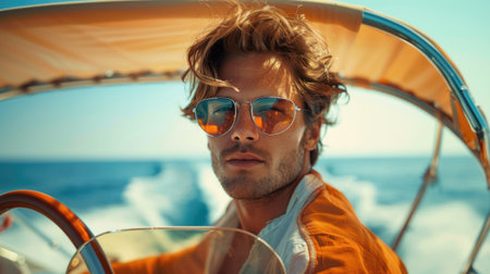 A man in sunglasses is driving a boatの素材