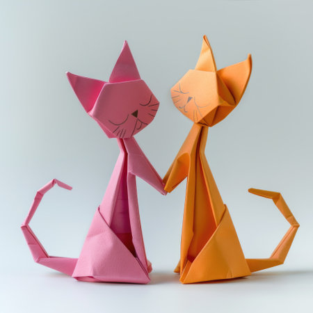 A couple of origami cats standing next to each other, origami craft, greeting card design elementの素材