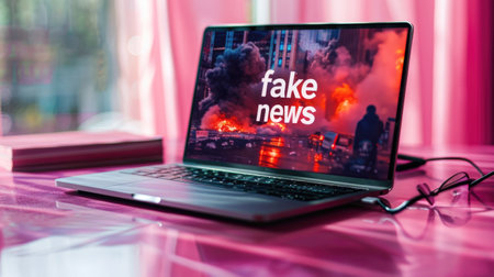 A laptop computer sitting on top of a table, words Fake News on a screen.の素材