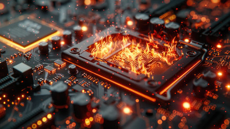 A close up of a computer motherboard with fire on it, chip on fire with energy and lava effects.の素材