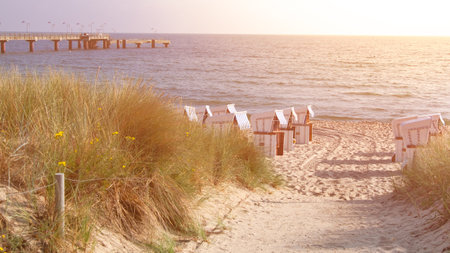 Beach Chairs and Pier at Baltic Sea Romantic shores of Baltic seaの写真素材