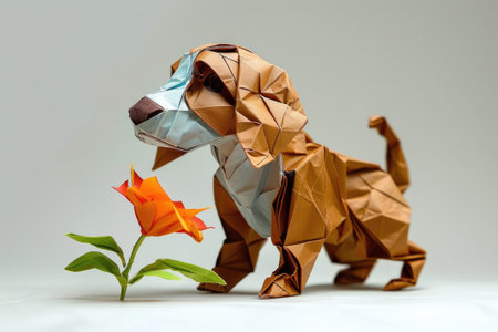 A paper origami of a dog sniffing a flowerの素材