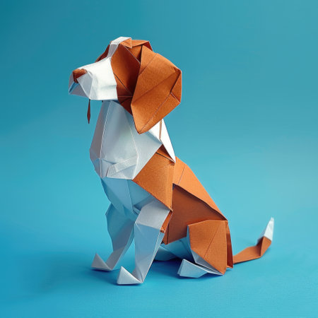 A brown and white dog sitting on a blue surface, origami craft, greeting card design elementの素材