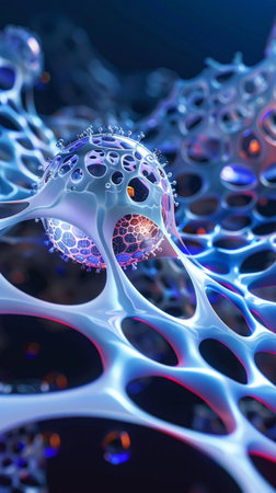 Futuristic blue cellular structure with sphere, nanotechnology backgroundの素材