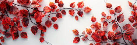 A sweeping display of vibrant red autumn leaves against a bright white background, panoramic bannerの素材