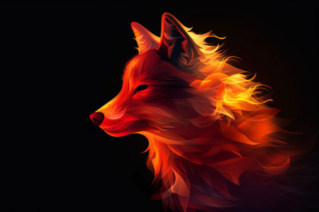 A close up of a dogs head with a dark background, a magical creature made of fireの素材