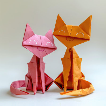 A couple of origami cats sitting next to each other, origami craft, greeting card design elementの素材