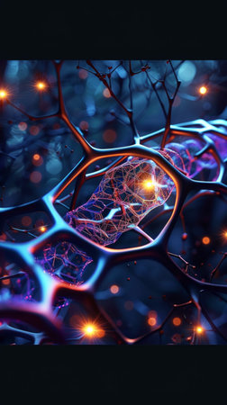 Futuristic blue cellular structure with sphere, nanotechnology backgroundの素材