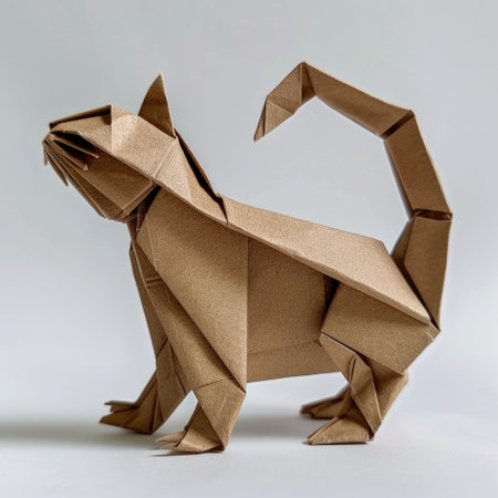 A cat made out of brown paper on a white surfaceの素材