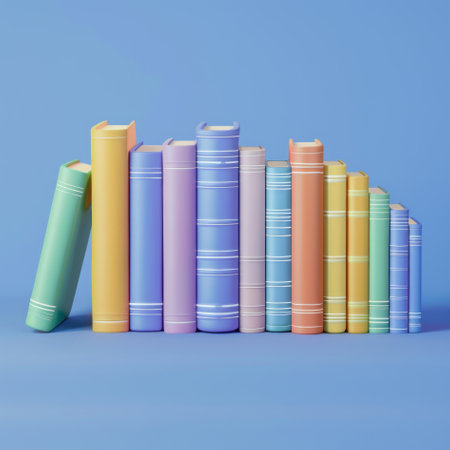 Row of colorful books on blue background, study, reading conceptの素材