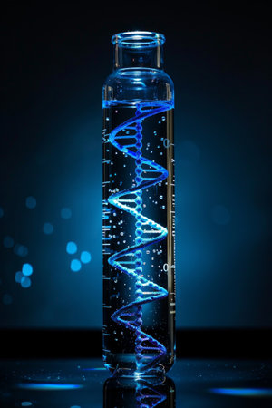 A striking image of a double helix DNA model suspended within a clear vial filled with blue liquid, against a dark background.の素材
