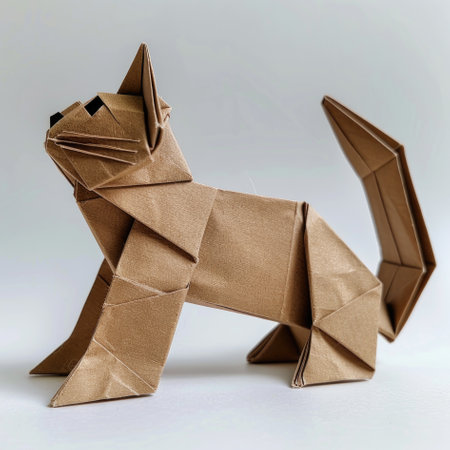 A cat made out of brown paper on a white surfaceの素材