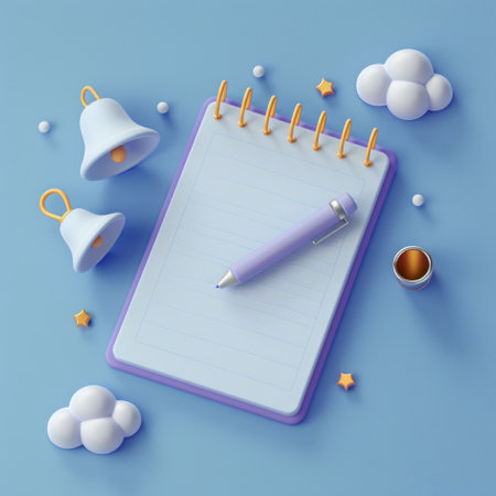 Creative Notebook Concept with Floating Elements on Blue Backgroundの素材