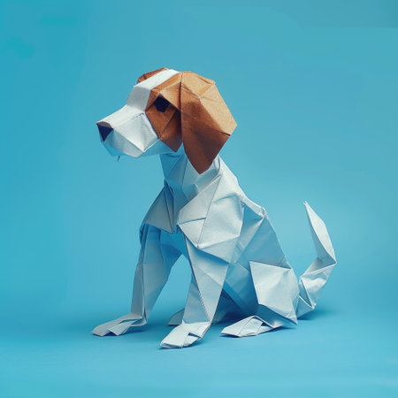 A dog made out of paper sitting on a blue surface, origami craft, greeting card design elementの素材