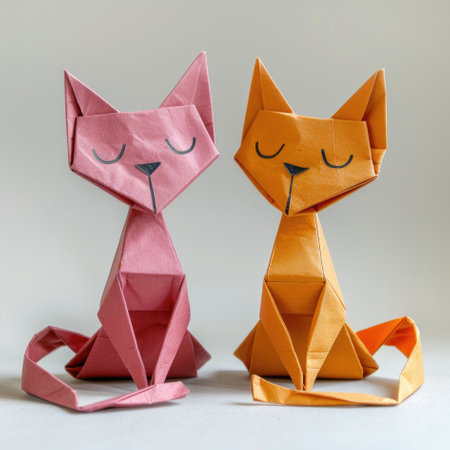 A couple of origami cats sitting next to each other, origami craft, greeting card design elementの素材