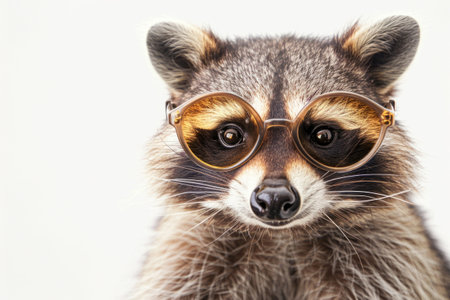 A stylish raccoon wearing golden round glasses, gazing with curiosityの素材