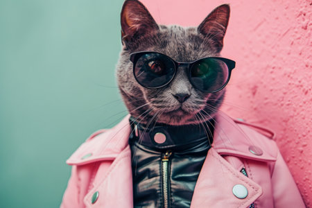 Stylish cat in sunglasses and pink leather jacket against a dual-tone backgroundの素材