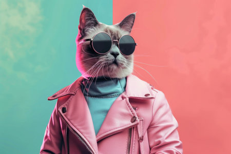 Stylish cat in sunglasses and pink jacket against a split pink and teal backgroundの素材