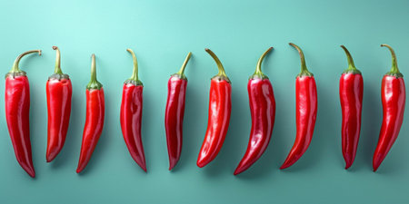 A row of bright red chili peppers aligned on a green backgroundの素材