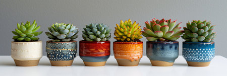 Colorful Succulent Pots on Neutral Background - Modern Home Decorの素材