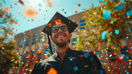 Joyful Male Graduate Celebrating with Confetti on Sunny Dayの素材