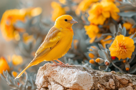 Vibrant yellow canary bird perched on a stone with blooming flowers in the backgroundの素材