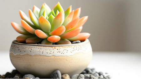 Vibrant Orange Succulent in a Rustic Ceramic Pot on a Blurred Backgroundの素材