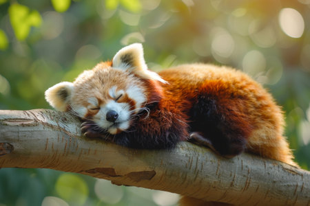 Tranquil red panda asleep on a tree branch in lush greeneryの素材