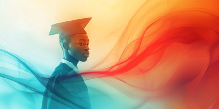 Graduate Student in Cap Gazing into Future with Colorful Swirls Backgroundの素材